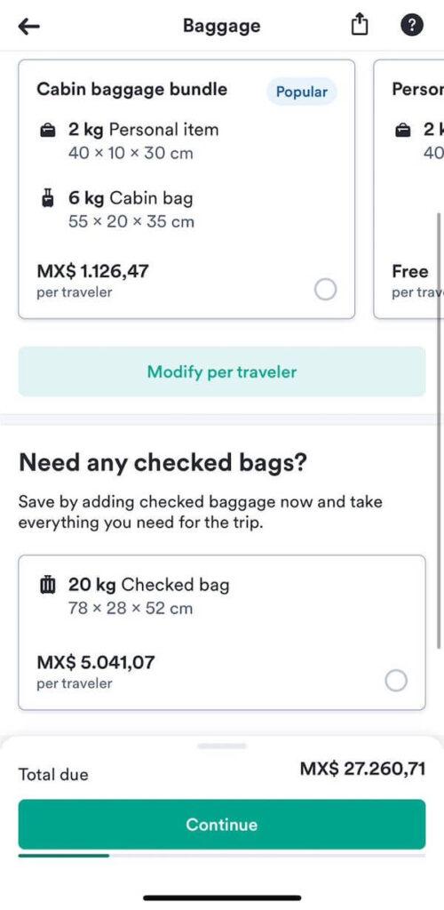 How do you buy baggage for your trip after choosing the travelers on Kiwi
