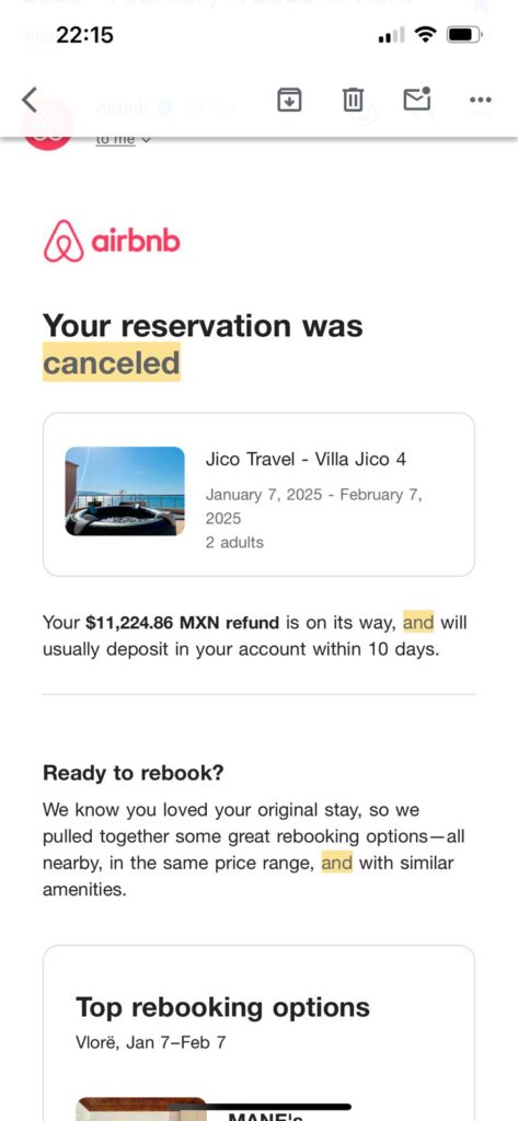 The cancellation email from airbnb