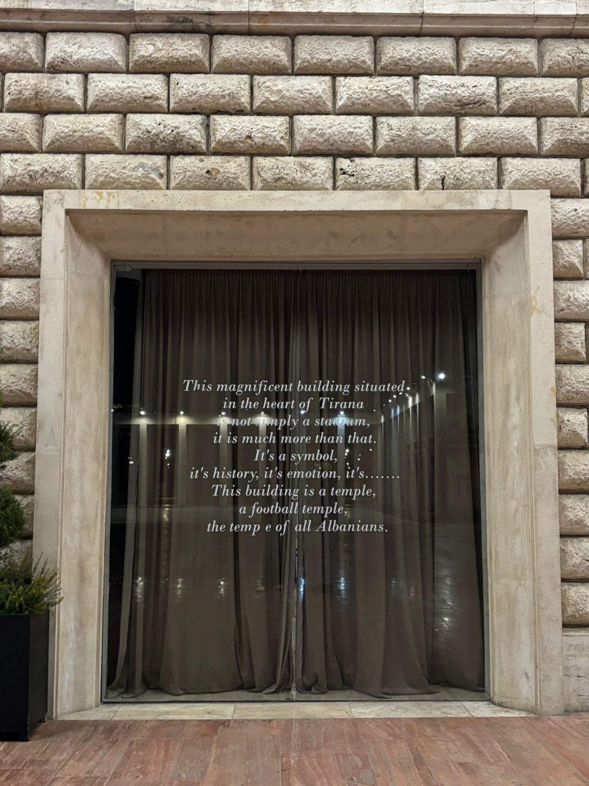 The door of the new soccer stadium in Tirana is pictured here 